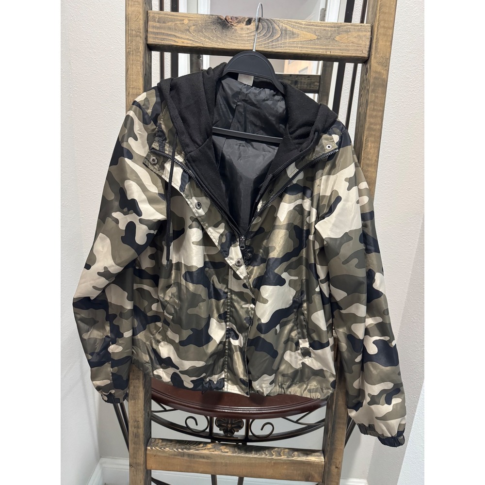 Women Camo Windbreaker Jacket Hooded Full Zip Green XL 15-17